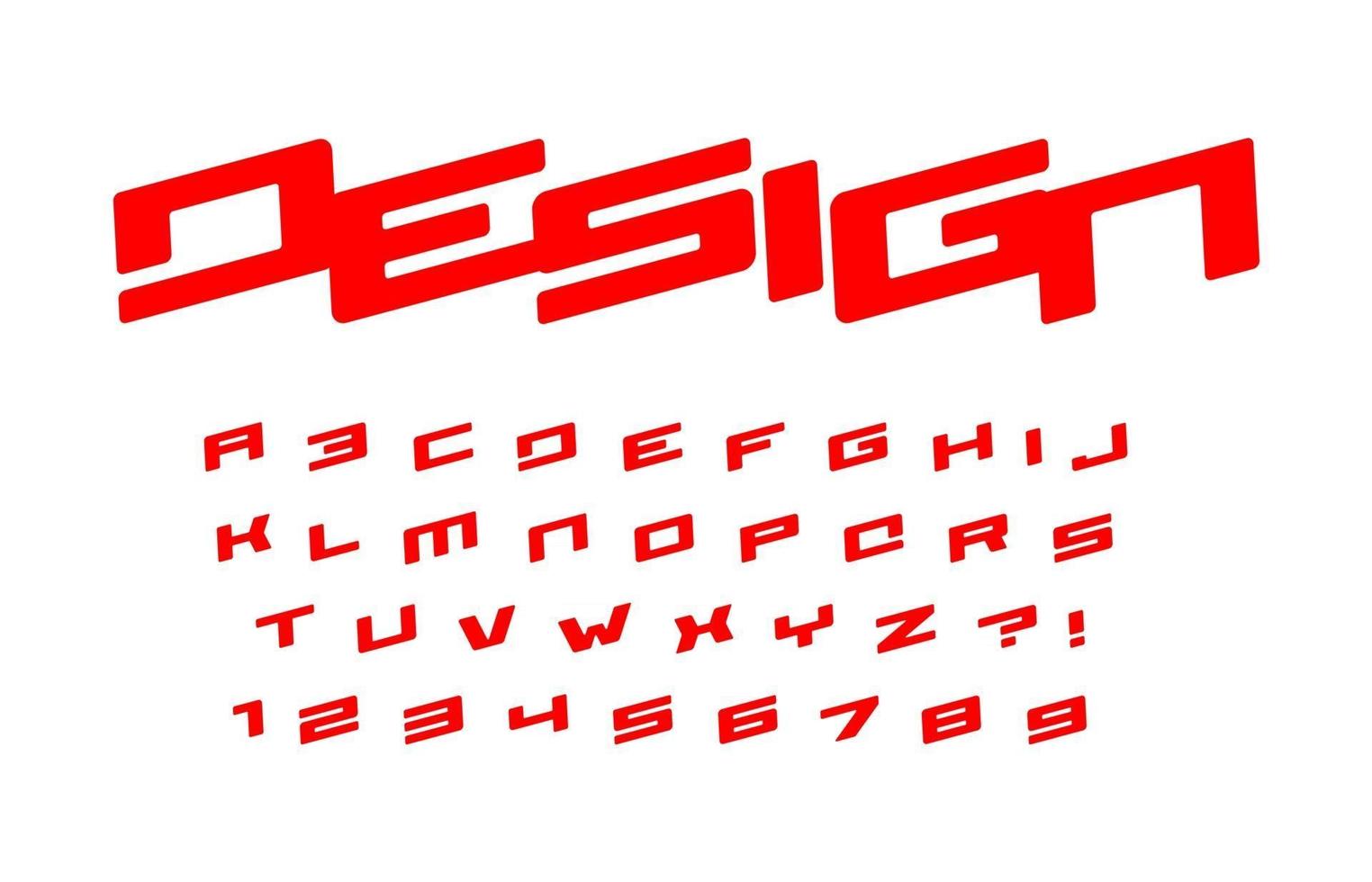 Bold geometric style alphabet for auto race modern logo, banner and poster. Red font, heavy italic letters, numbers and signs. Awesome typography design. Vector typeset.