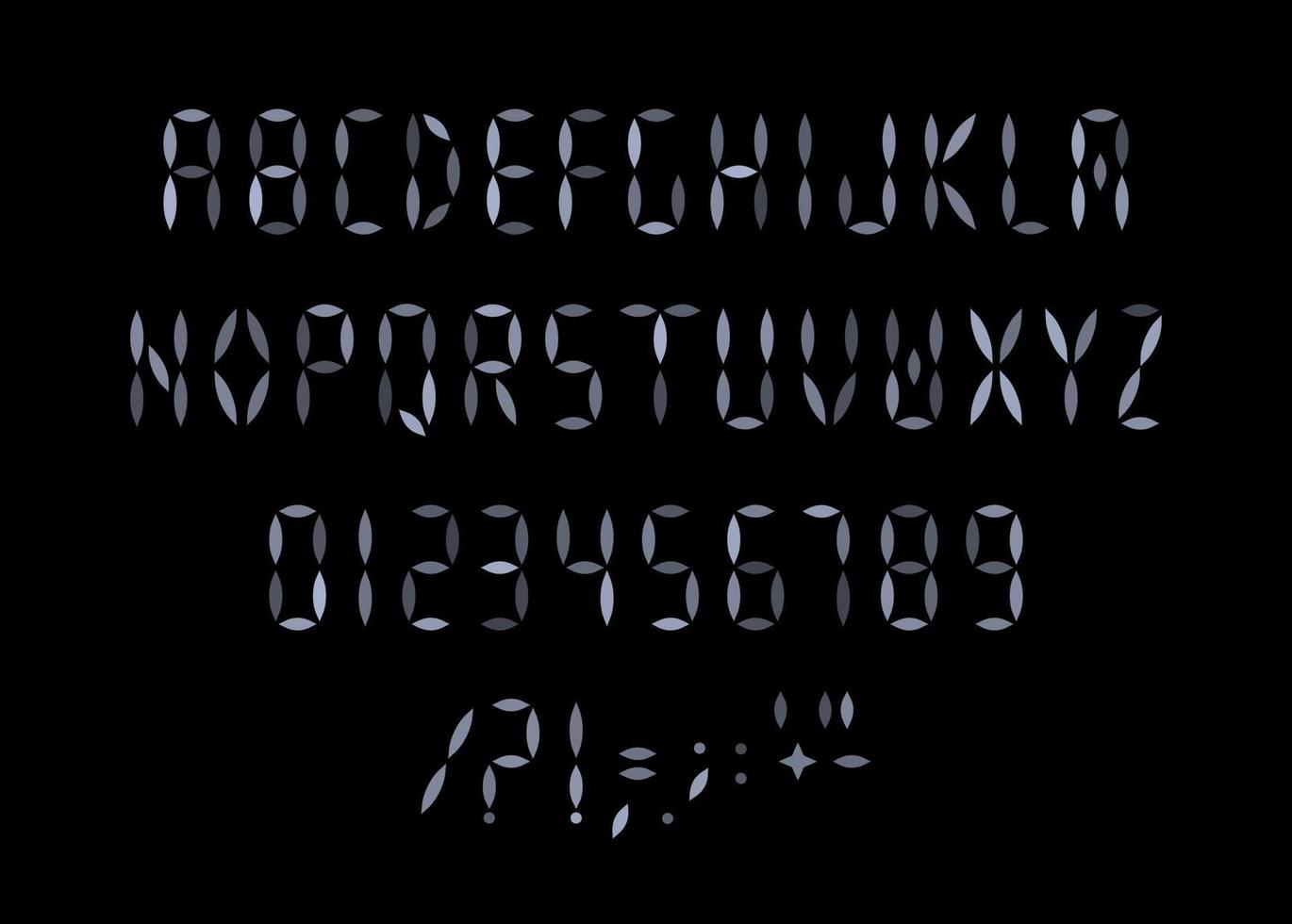 Letters, numbers and signs set for digital scoreboard. Dashes stripes, segments style of alphabet. Font for led display, scoreboard, electronic device screen, digit board. Vector typography design