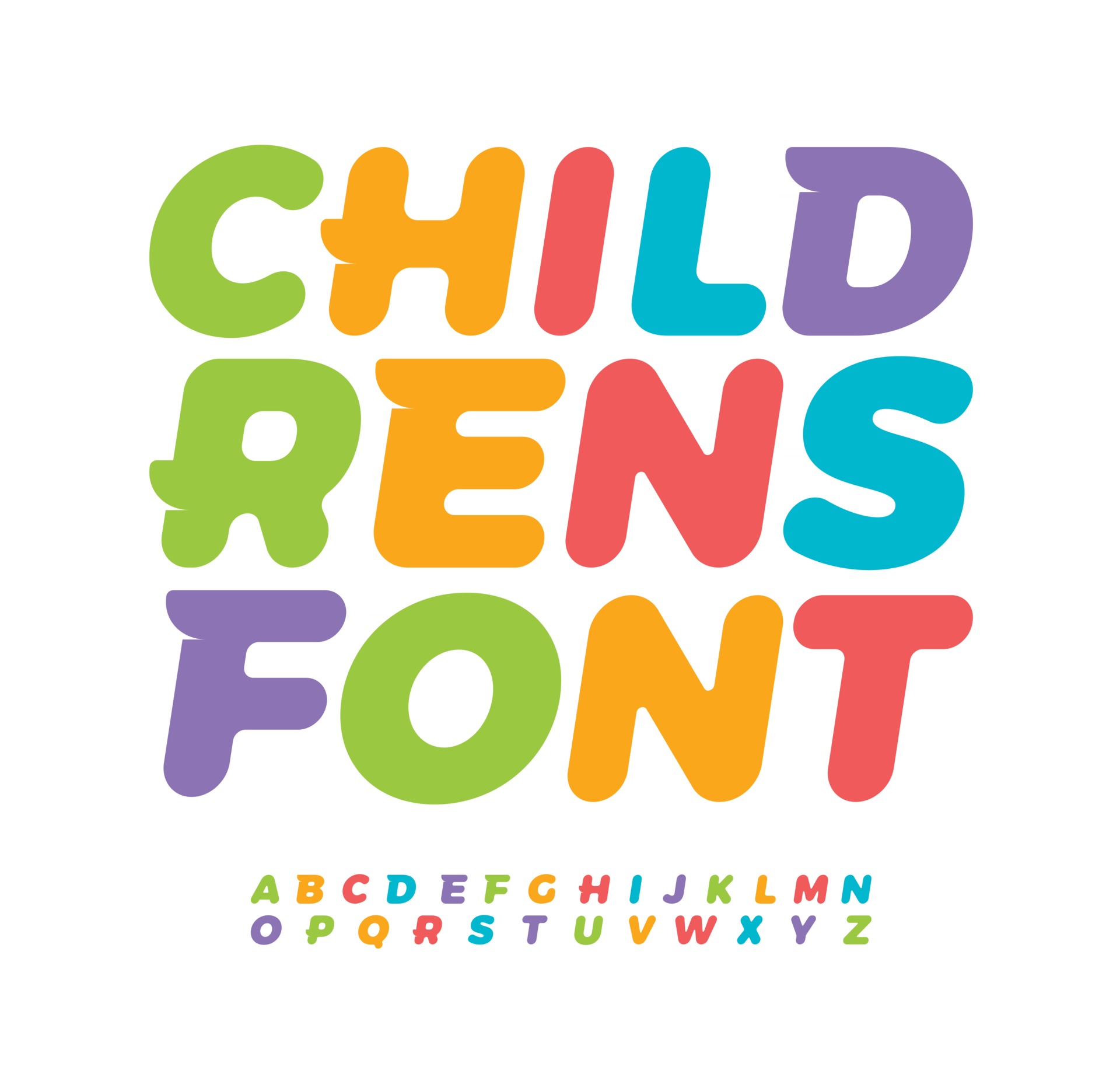 Baby letters with funny tail serif children alphabet. Colored bold