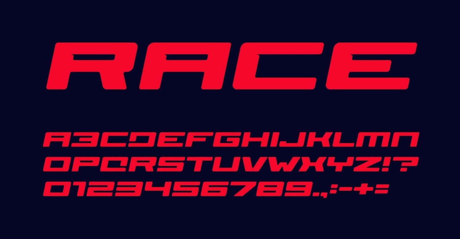 Bold extended geometric style alphabet for auto race modern logo, banner and poster. Red font, heavy italic letters, numbers and signs. Awesome typography design. Vector typeset.