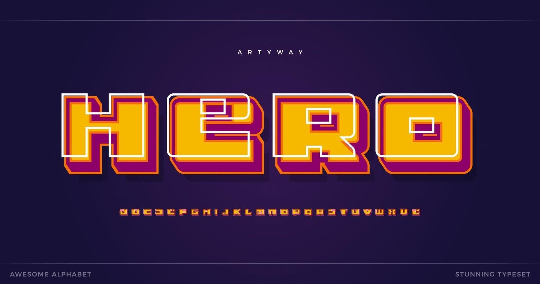 alfabeto de superhéroe. fuente de estilo antiguo de dibujos animados 3d, tipo de sombra colorida para moderno para logotipo de superhéroe, título y letras creativas. letras geométricas en negrita con contraste inverso, diseño tipográfico vectorial vector