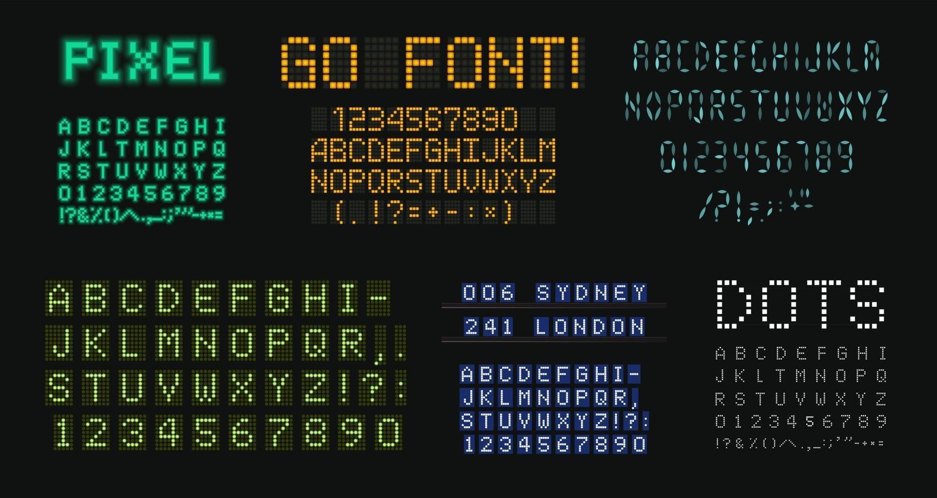 Digital letters and numbers set. Scoreboard style alphabet. Dot vector