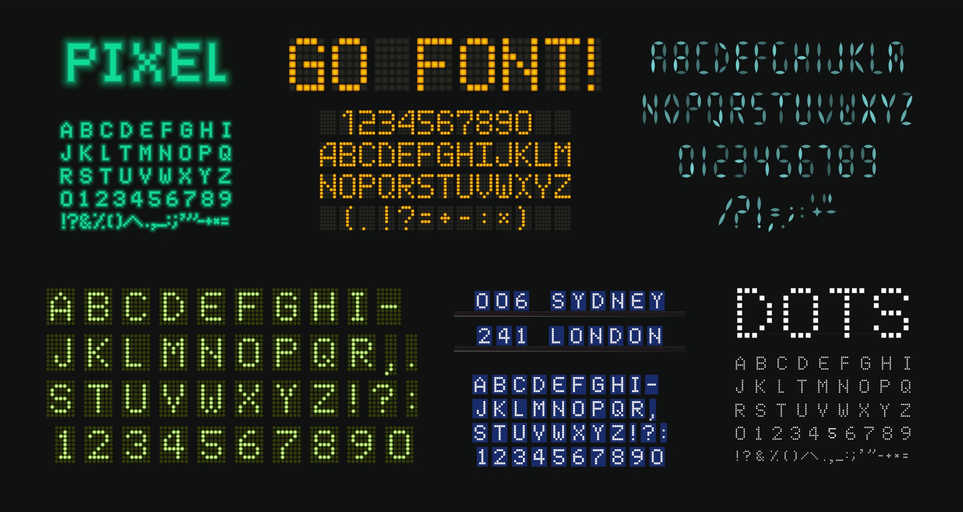 Digital letters and numbers set. Scoreboard style alphabet. Dot vector