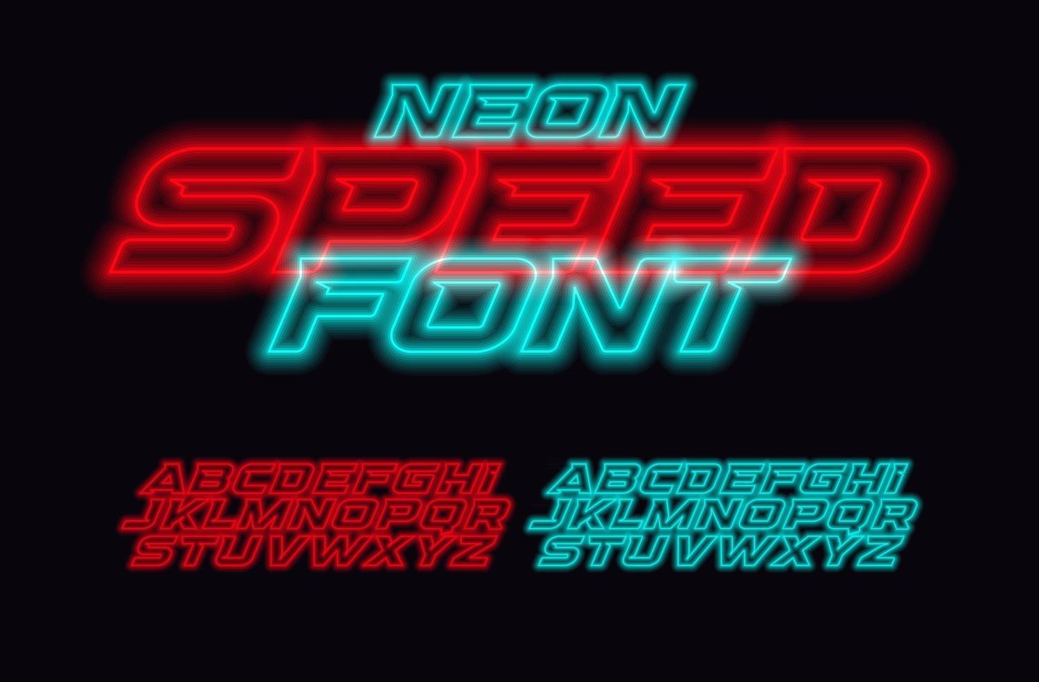 Conjunto de letras de velocidad de neón. fuente de raza roja y azul. alfabeto vectorial de estilo negrita cursiva cyberpunk. fuentes para eventos, promociones, logotipos, pancartas, monogramas y carteles. diseño de composición tipográfica de carreras vector