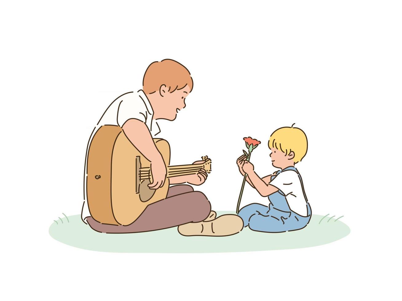 Dad and son are sitting in the park. The father plays the guitar and the son holds flowers. hand drawn style vector design illustrations.