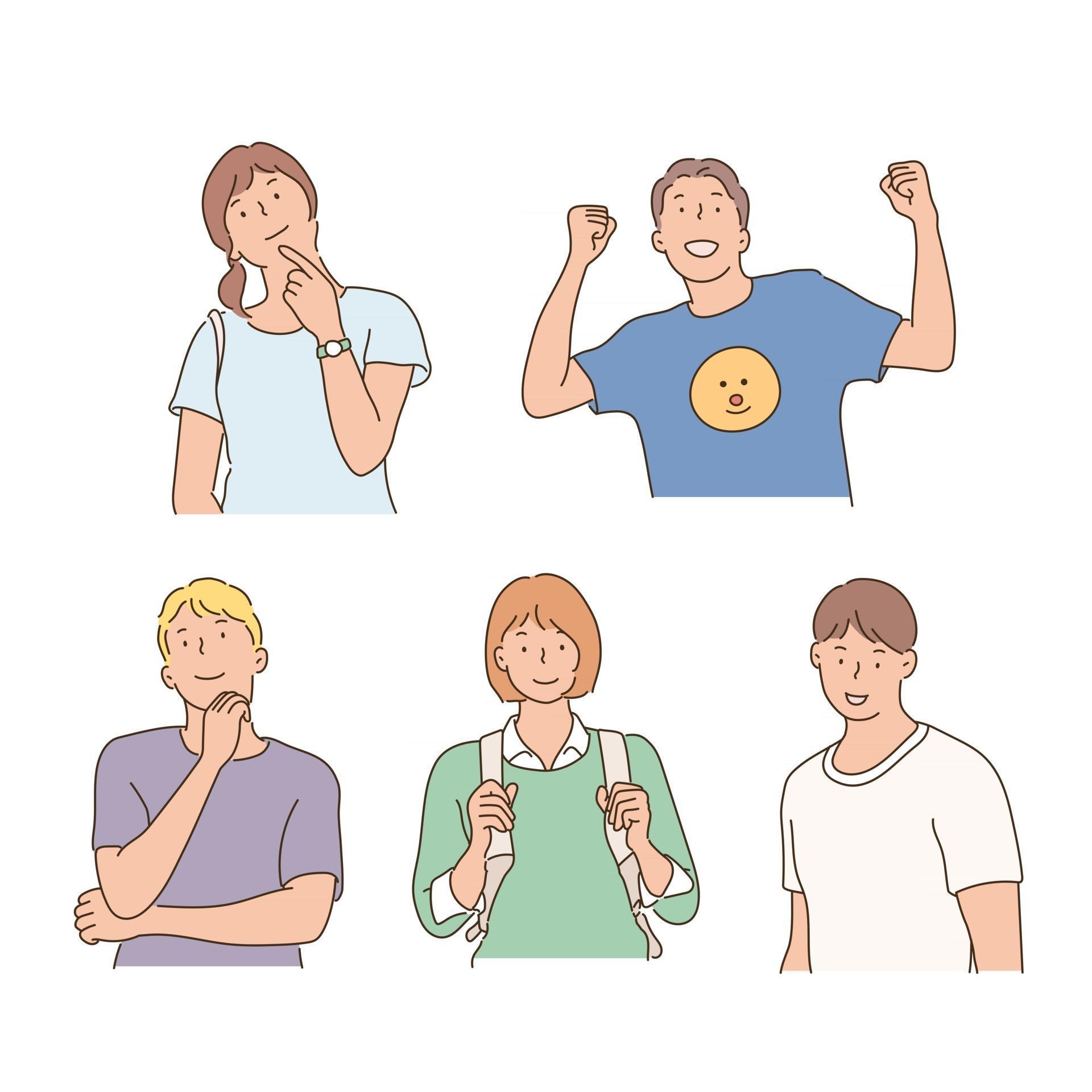 Young people character with lively expression. hand drawn style vector design illustrations