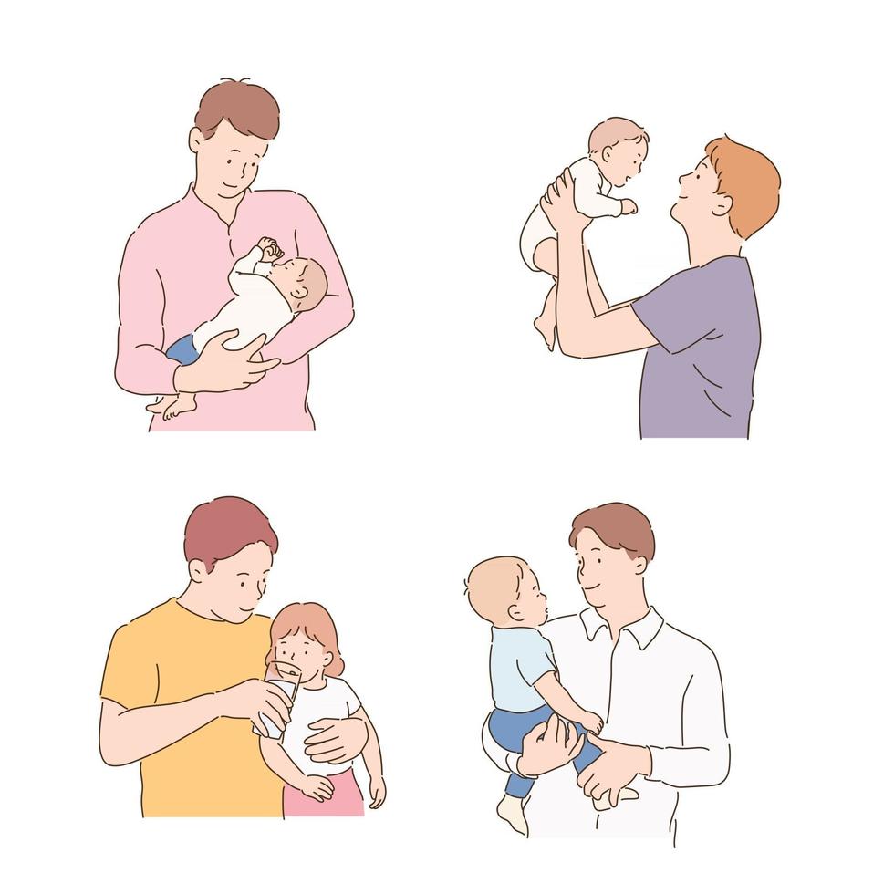 el padre está sentando amorosamente al bebé. ilustraciones de diseño de vectores de estilo dibujado a mano.