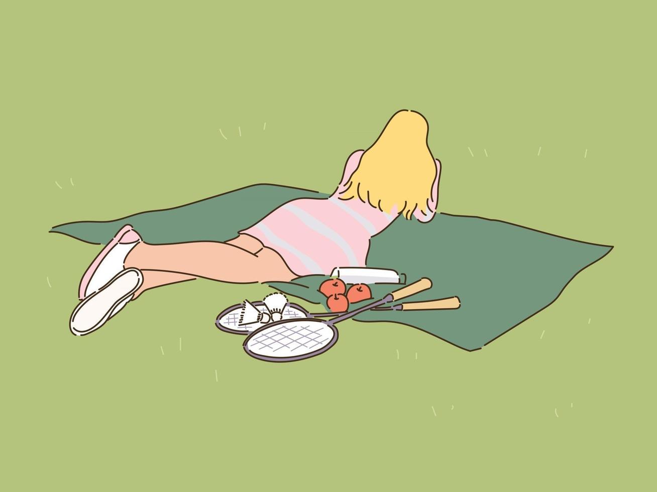 A girl is lying on a mat in the park. hand drawn style vector design illustrations.