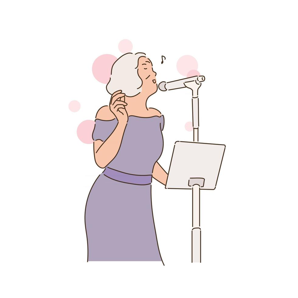 An elderly woman is singing in a fancy dress. hand drawn style vector design illustrations.