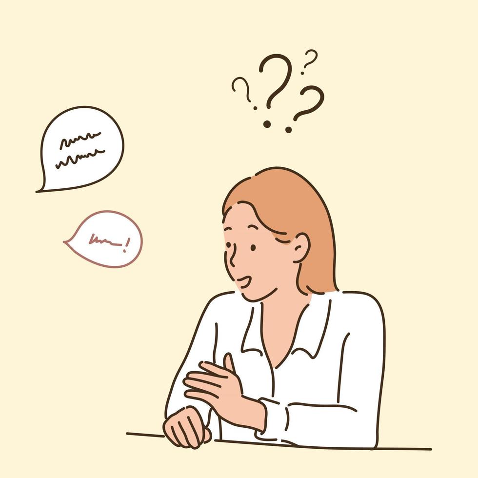 A business woman does not understand what other people are saying and is confused. hand drawn style vector design illustrations.