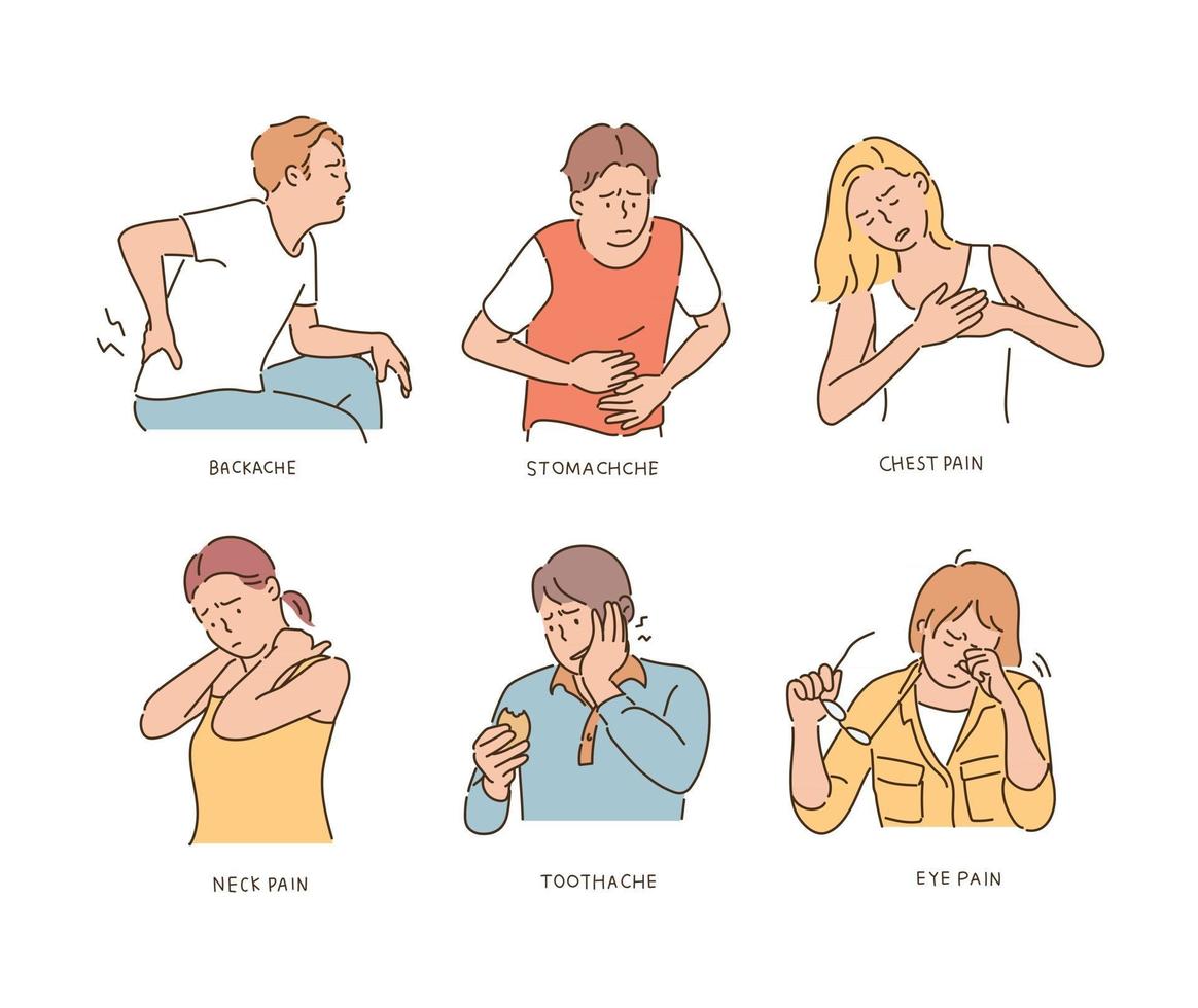 Characters expressing pain in each part. hand drawn style vector design illustrations.
