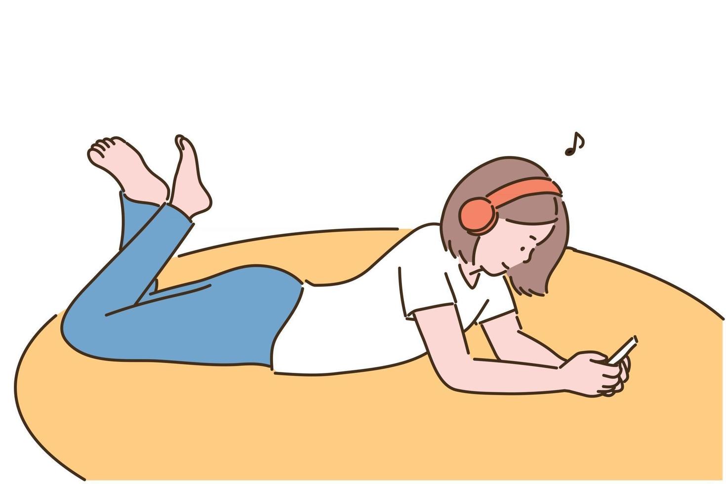 una niña está acostada en el sofá con un auricular y escucha música. ilustraciones de diseño de vectores de estilo dibujado a mano.