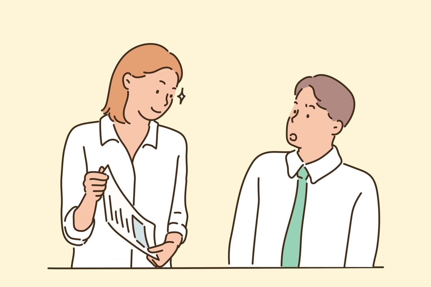 The boss is pointing out the paperwork to the employee. hand drawn style vector design illustrations.