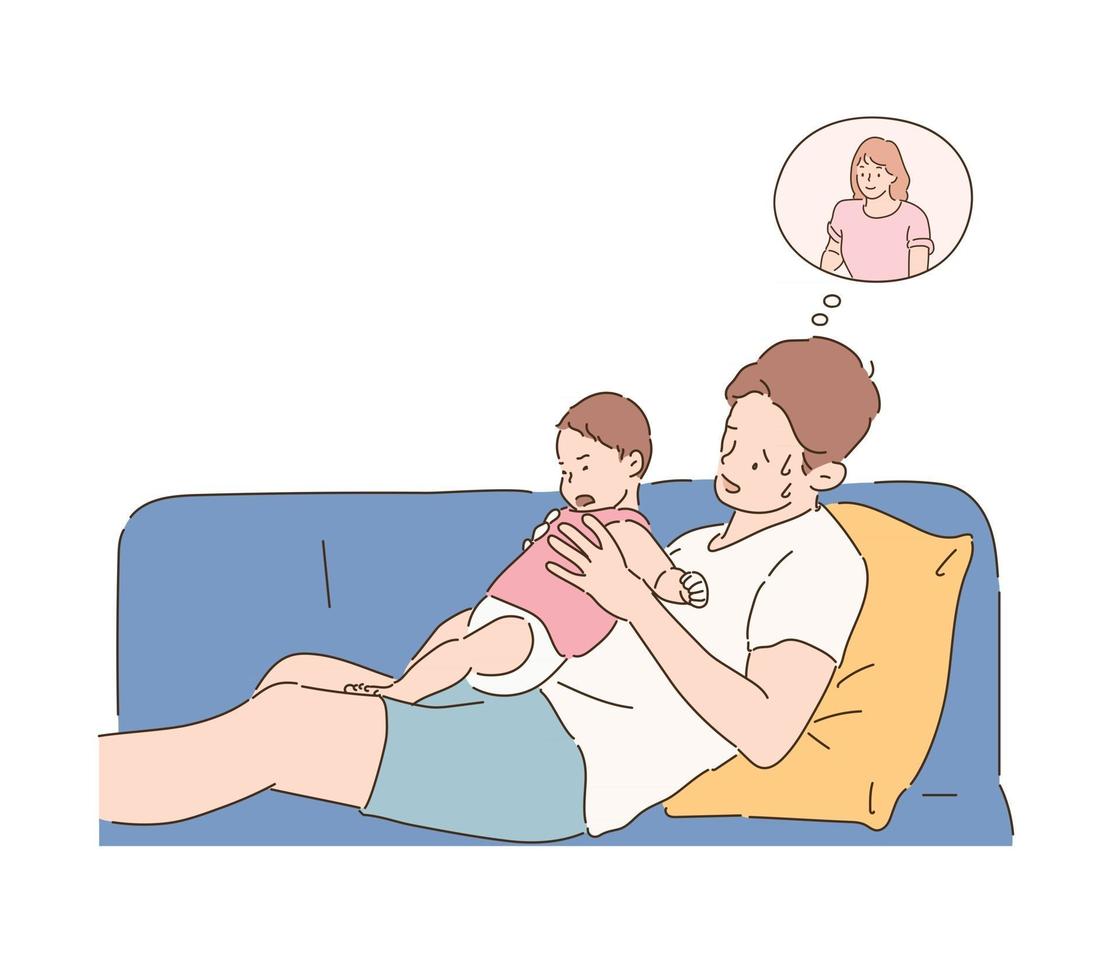 Dad is sitting on the sofa, comforting a crying baby, thinking of his wife. hand drawn style vector design illustrations.