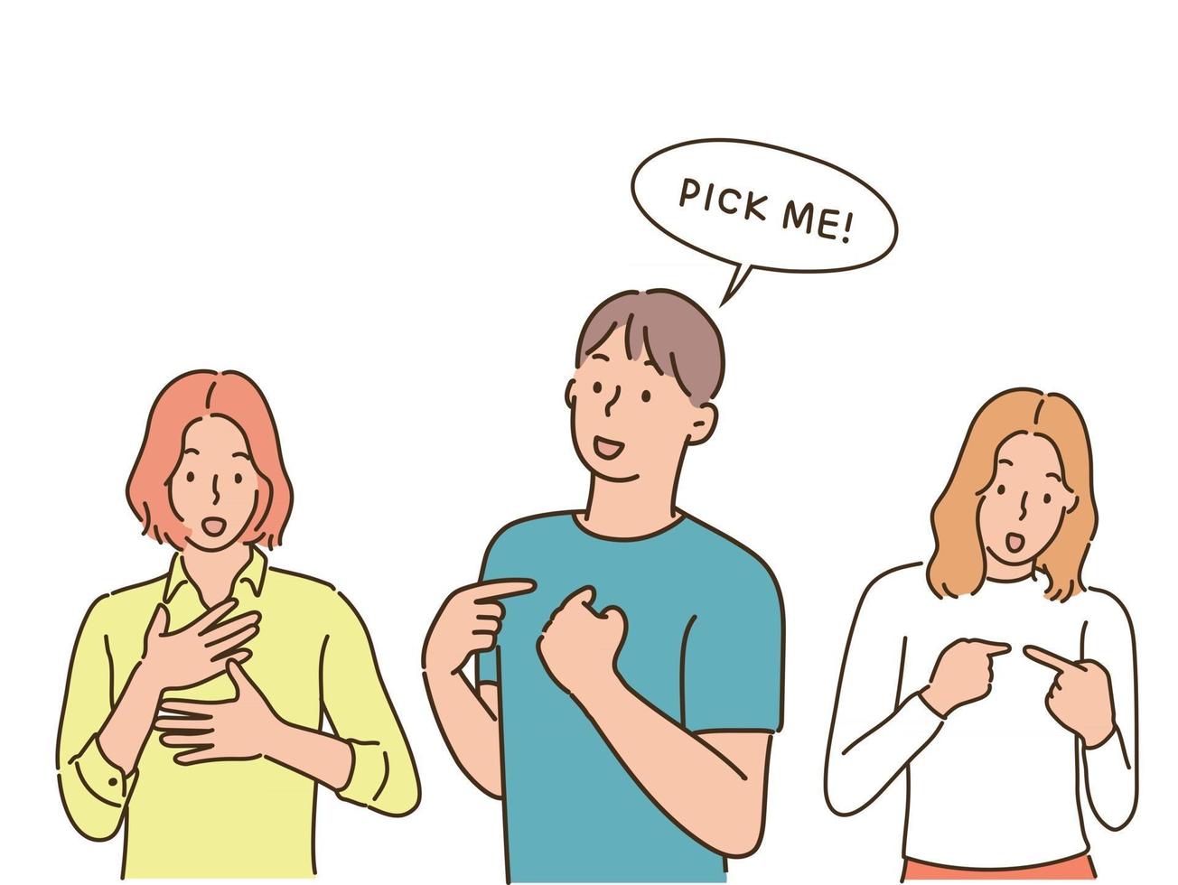 People are introducing themselves by pointing their fingers. hand drawn style vector design illustrations.