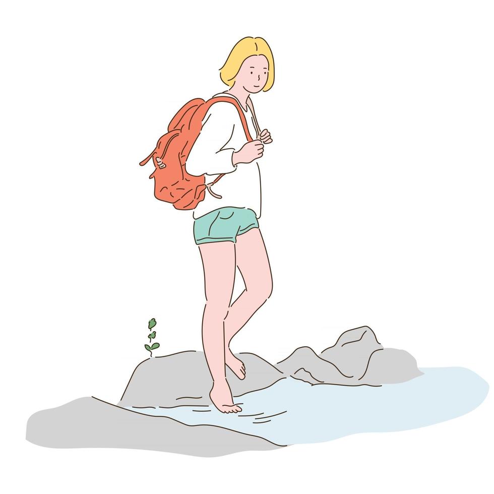 A woman with a bag is soaking her feet in the stream. hand drawn style vector design illustrations.