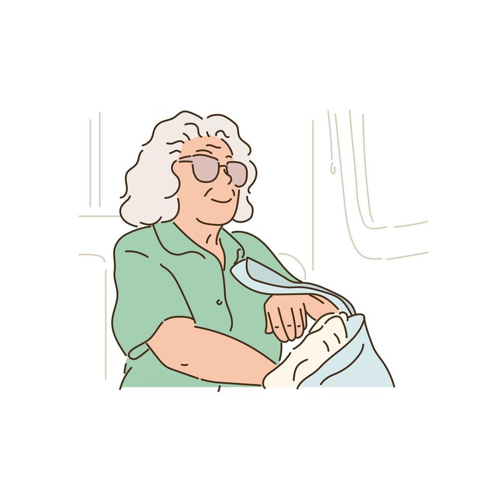 An elderly woman is wearing sunglasses and going on a trip. hand drawn style vector design illustrations.