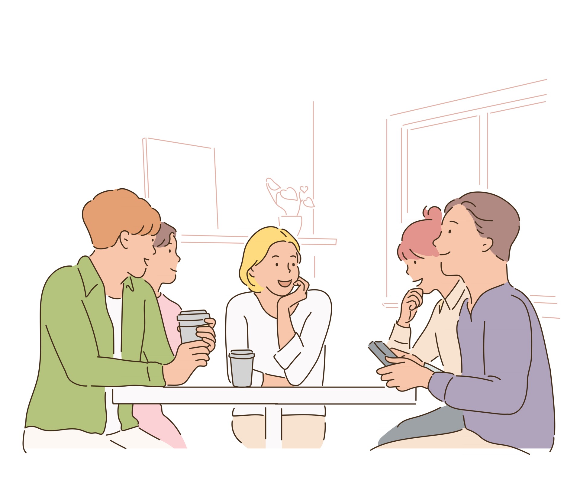 People are sitting around a table in a cafe and talking. hand drawn