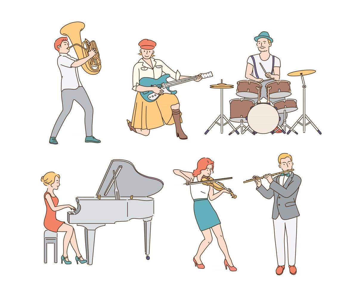 Each musician plays a variety of instruments. hand drawn style vector design illustrations.