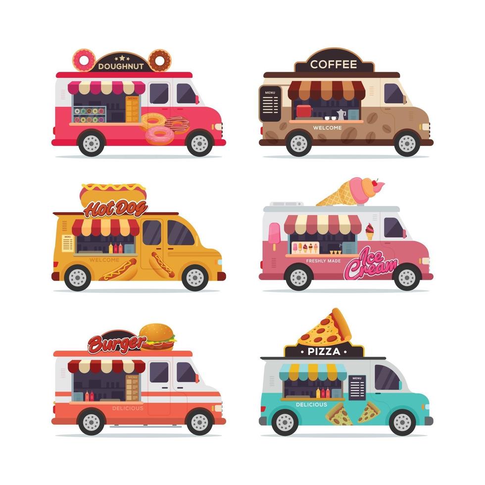 Set of isolated street food trucks vector illustration