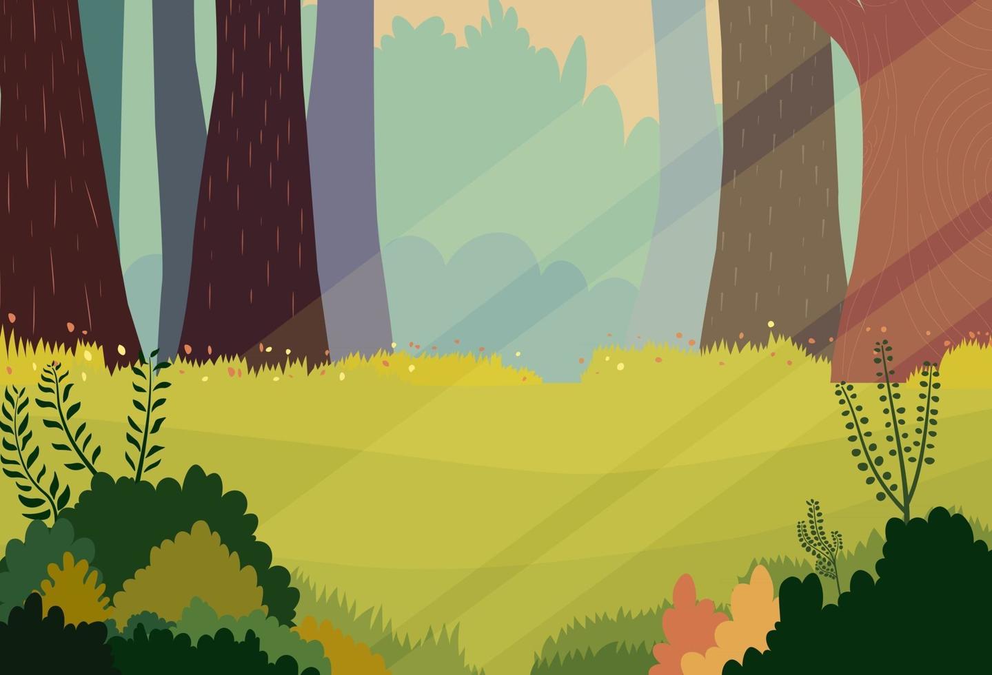 escena naturaleza dibujos animados background.vector illustration.forest escena con hierba y flor en morning.nature paisaje con madera verde vector