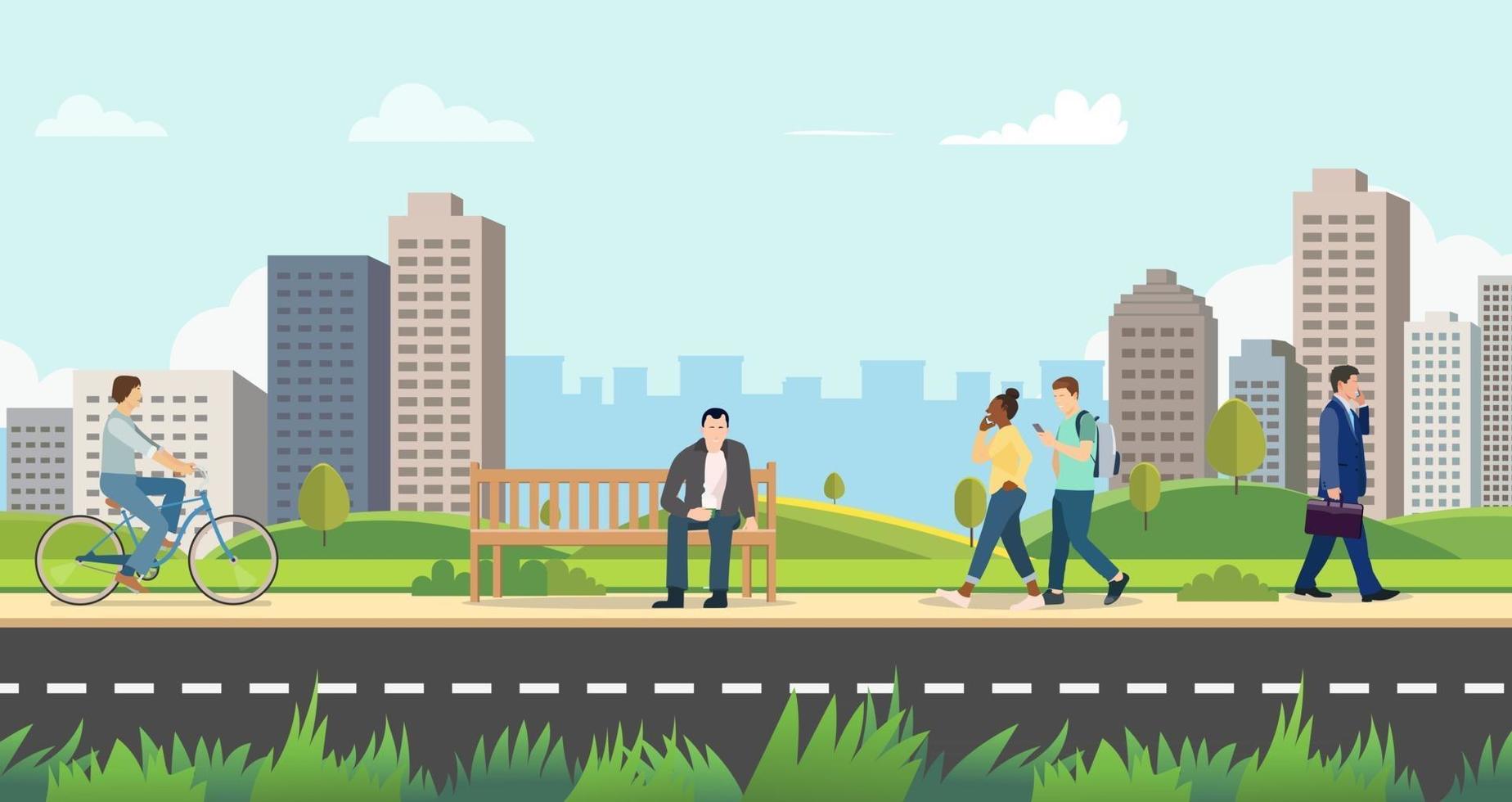 People in public park with cityscape background.Nature landscsape with activity person.Modern city with people on street.Vector illustration vector