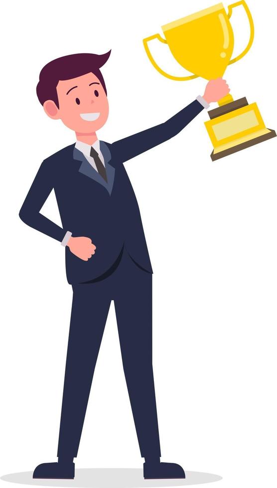 Businessman cartoon holding Golden cup with isolated white background vector.Young business man success concept vector