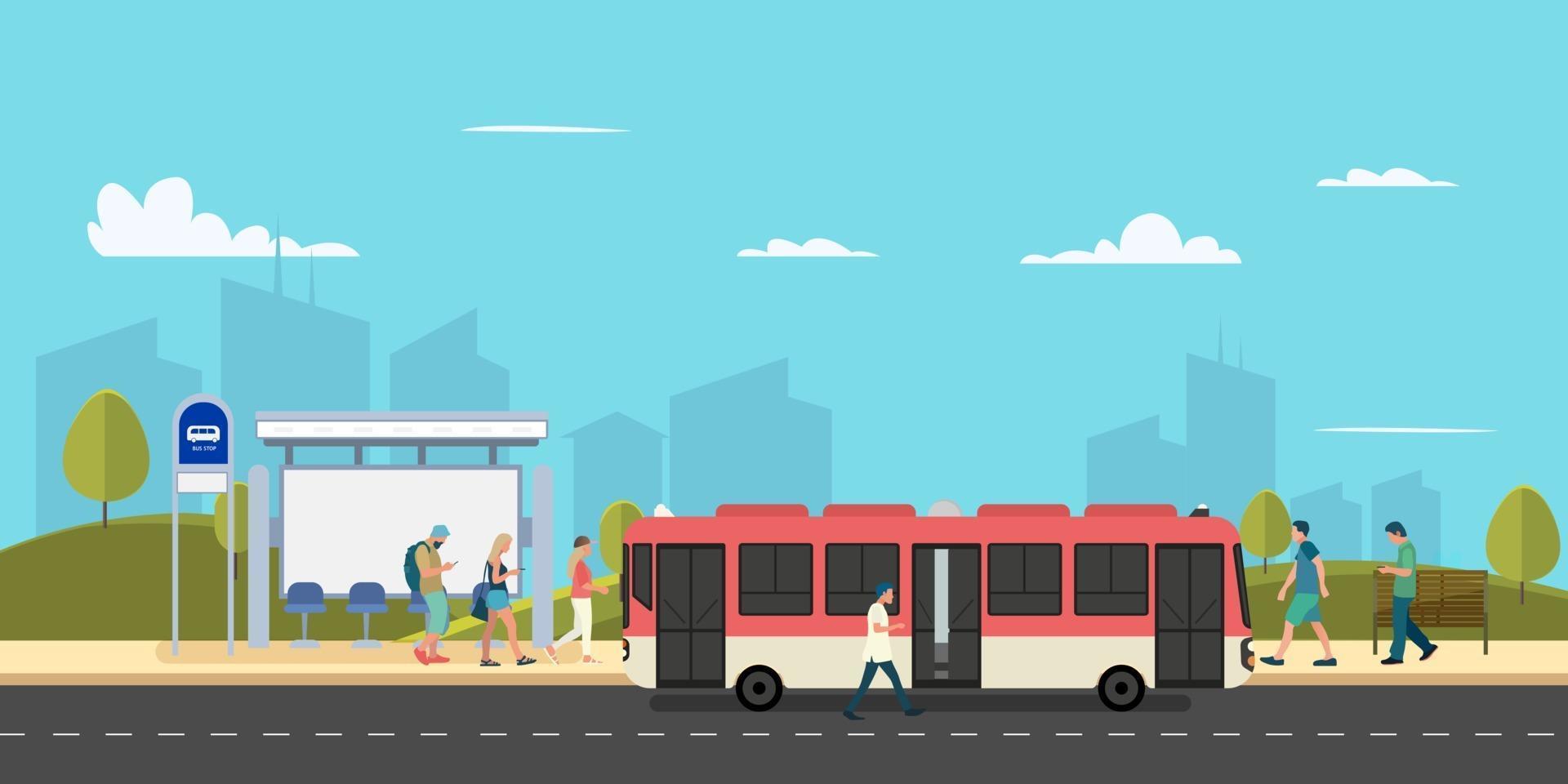 Bus stop of main street city with people walk to red bus.Urban concept.Public park with bench and bus stop.Vector illustration.Town scape with person in bus stop vector