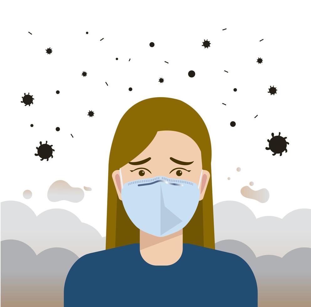 Mujer con máscara para proteger pm2.5 o ilustración vectorial de virus. vector