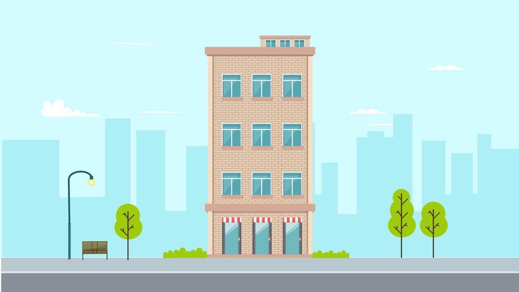 diseño de apartamento plano con fondo de la ciudad.Edificio en estilo plano con fondo de la ciudad.Ilustración de vector.Edificio moderno en la calle vector