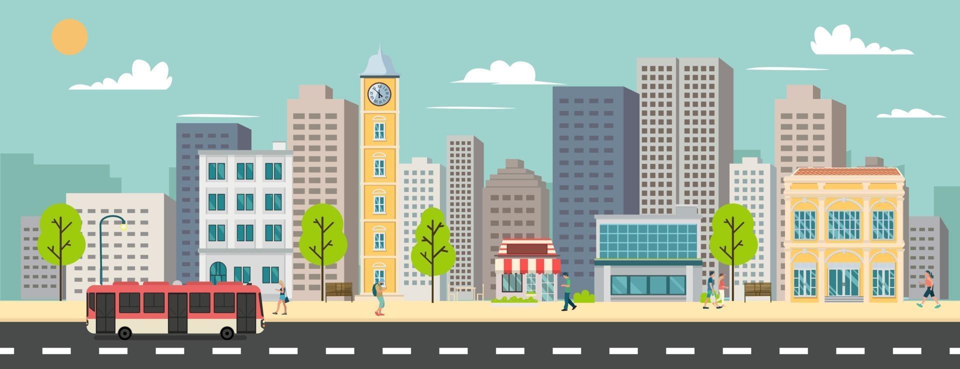 paisaje urbano y edificios de la empresa, minibús y furgoneta en la calle ilustración vectorial.Edificios comerciales y parada de autobús público en la ciudad urbana.smart ciudad con fondo de cielo vector