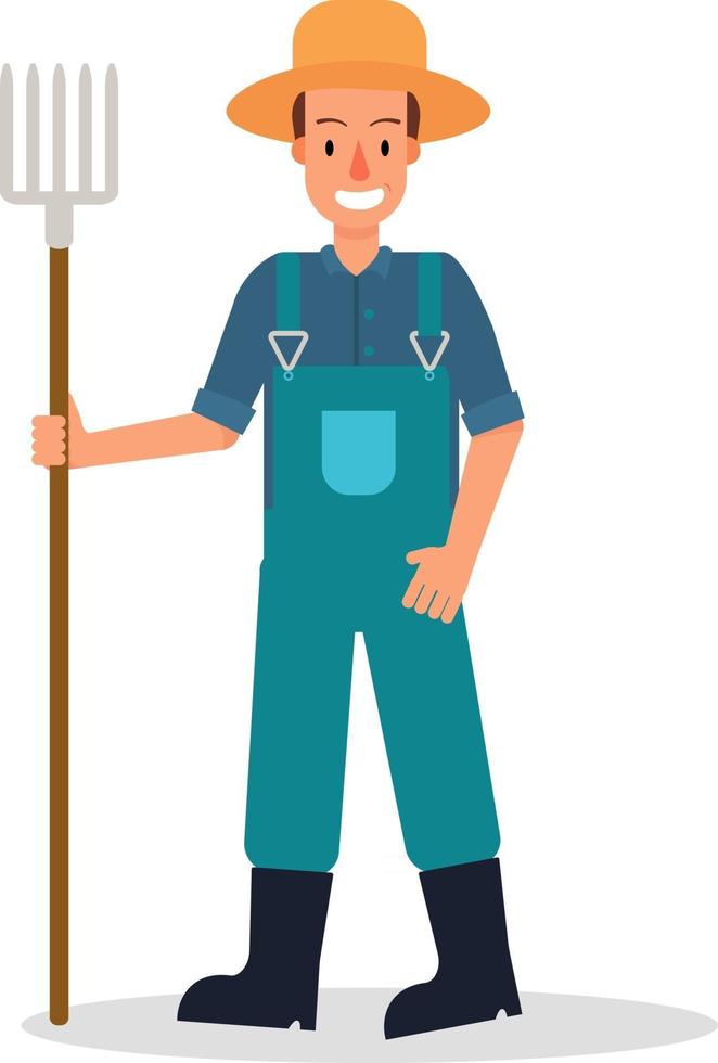 Farmers vector flat design isolated on white background. Cartoon characters of man farming hold hay fork.Happy farmer with tool illustration