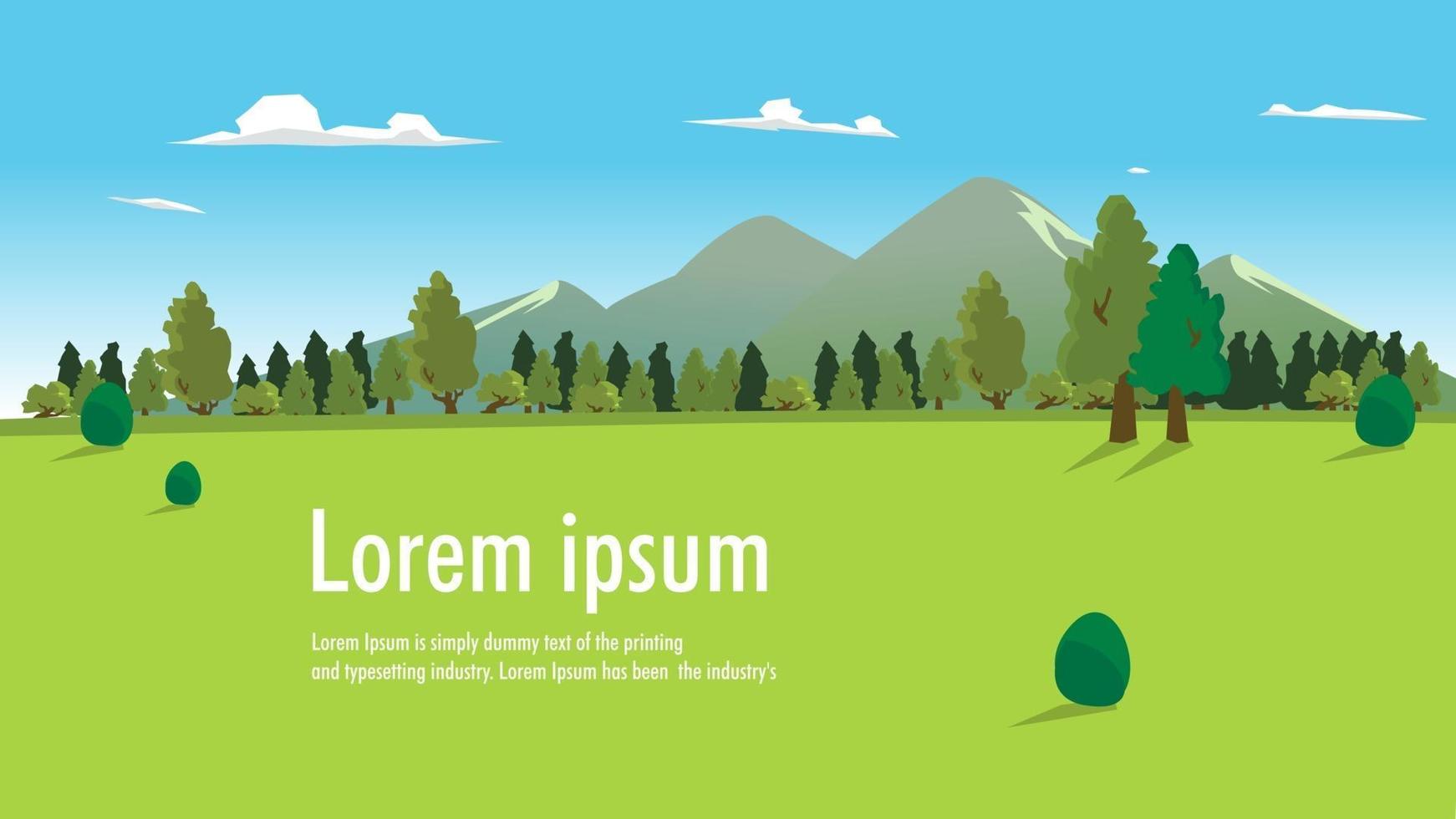 paisaje natural con bosque, colinas, nubes y cielo ilustración vectorial. Plantilla de banner de fondo natural con lugar para el texto.Hermosa escena de pradera.campo verde de verano con montaña vector