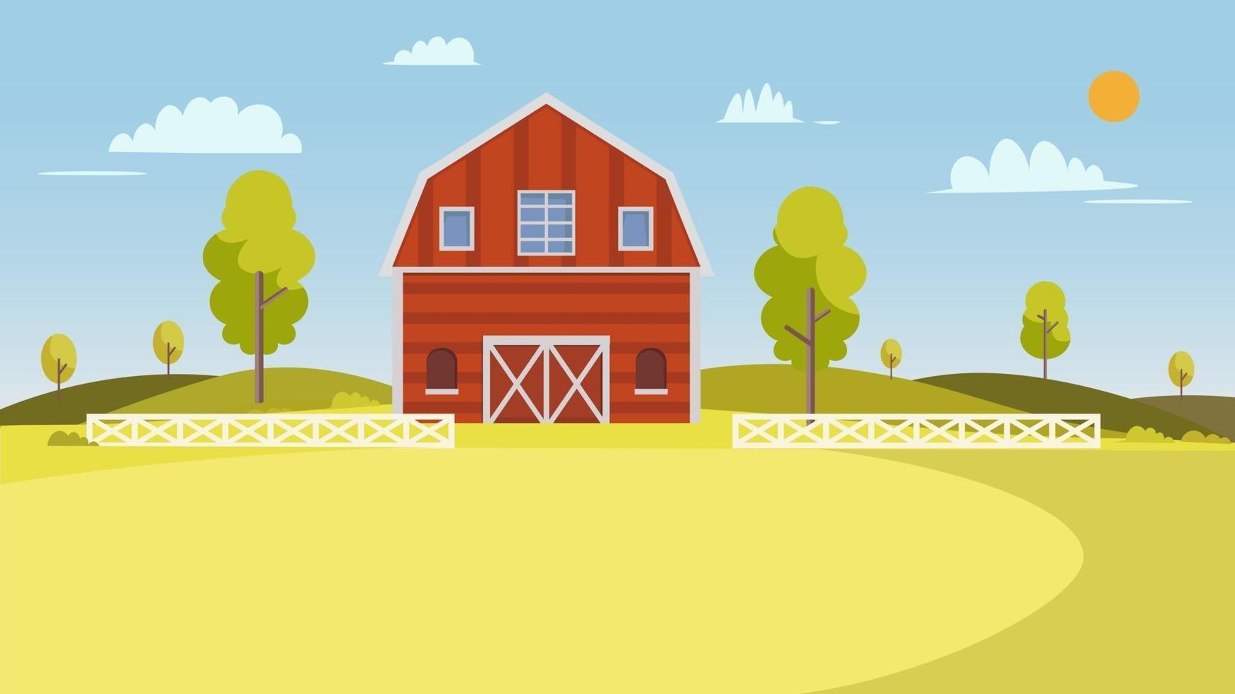 Fresh Farm landscape.Summer farm landscape with trees, clouds and sun. Rural scenery with barn Vector illustration