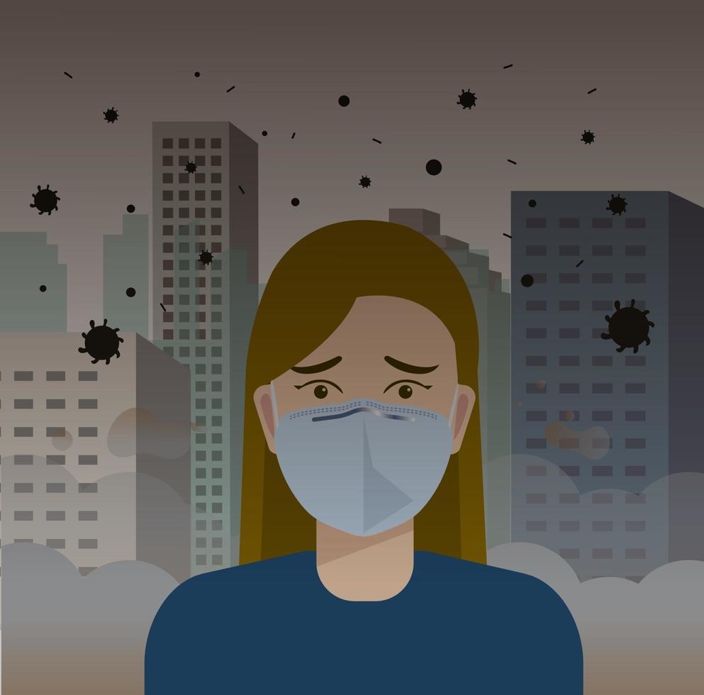 mujer con máscara para proteger pm2.5 o virus en la ciudad vector illustration.girl usa mascarilla contra la contaminación del aire con escena urbana mala contaminación en la ciudad