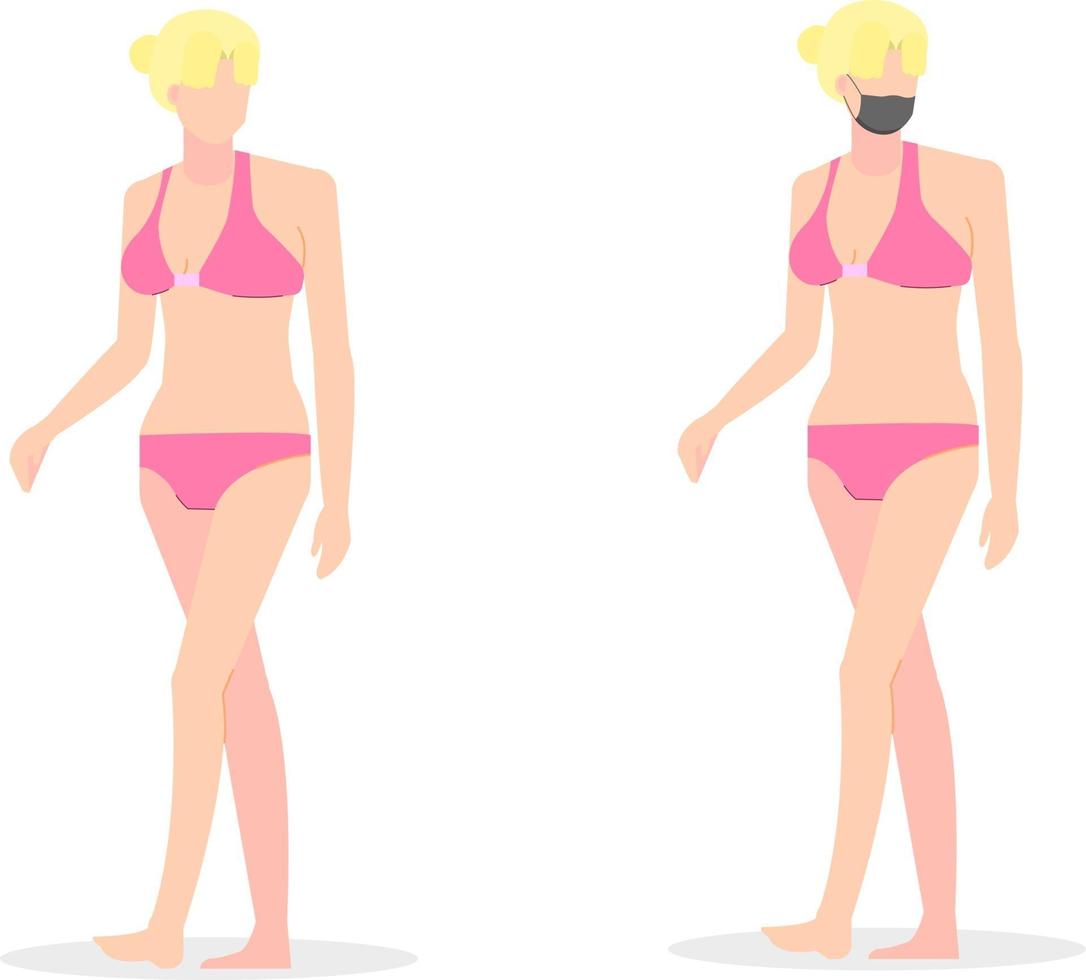 Beauty young woman walking pose with wearing two-piece and black mask.Cartoon girl slim vector illustration.Female beach tourism