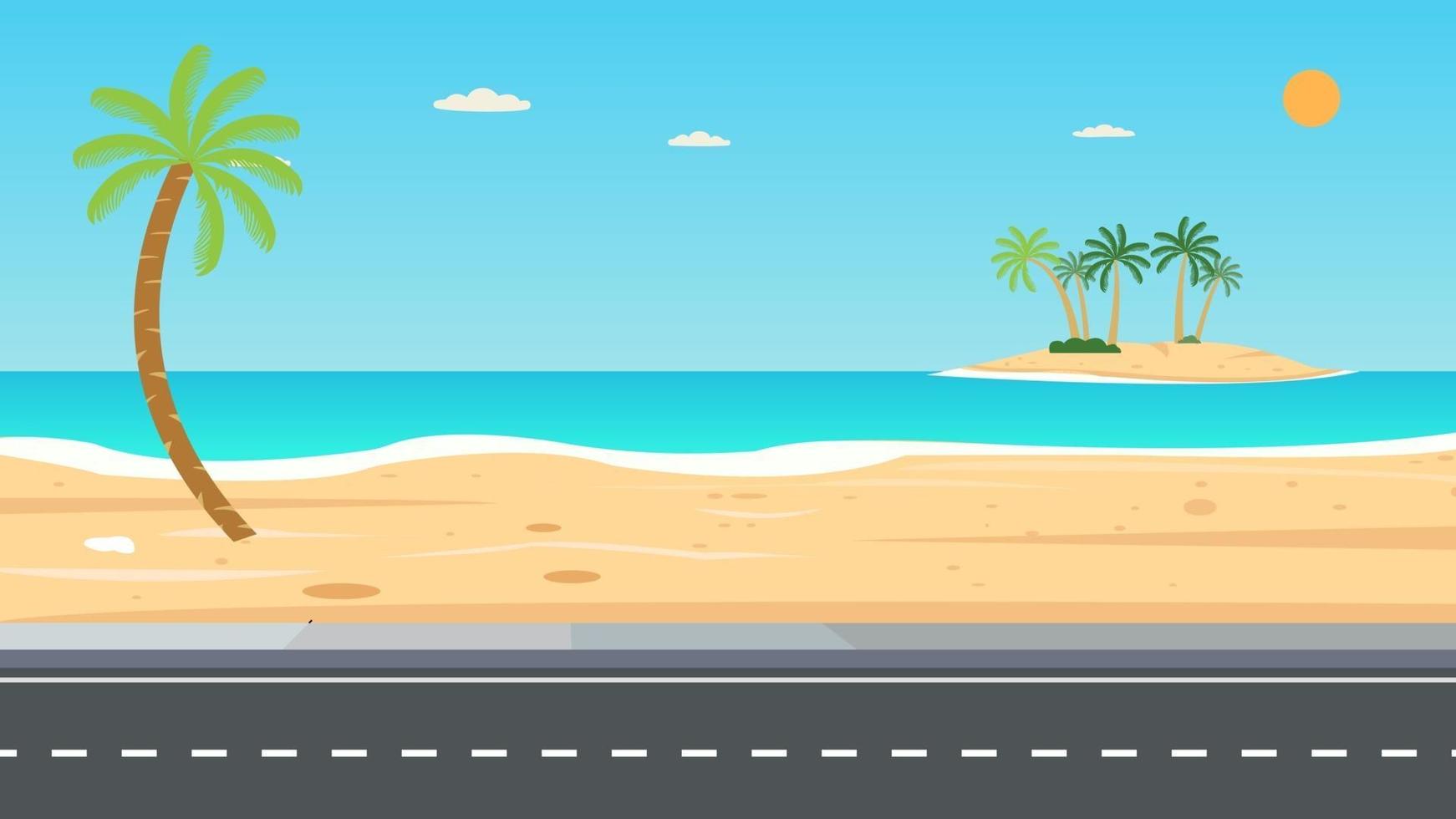 playa tropical isla y carretera .vacaciones ocio naturaleza concepto vector illustration.hermoso paisaje marino con cocotero y cielo summer.travel