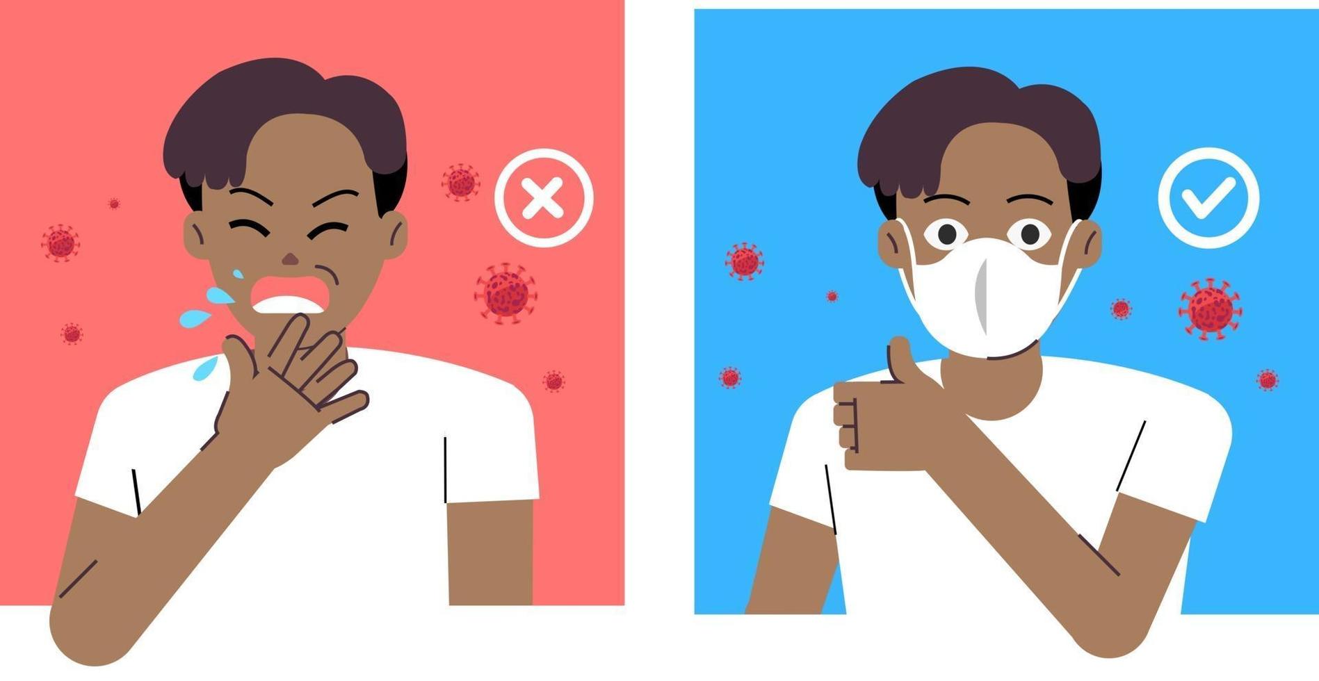 Comparing man good healthy with wearing protect mask and bad man sneeze in public.Vector illustration.Young man cough with corona virus.People wearing mask protect COVID-19 vector