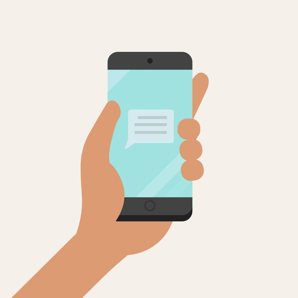 Hand holding smartphone with message icon on screen flat style.Vector illustration.Connection with phone technology concept vector