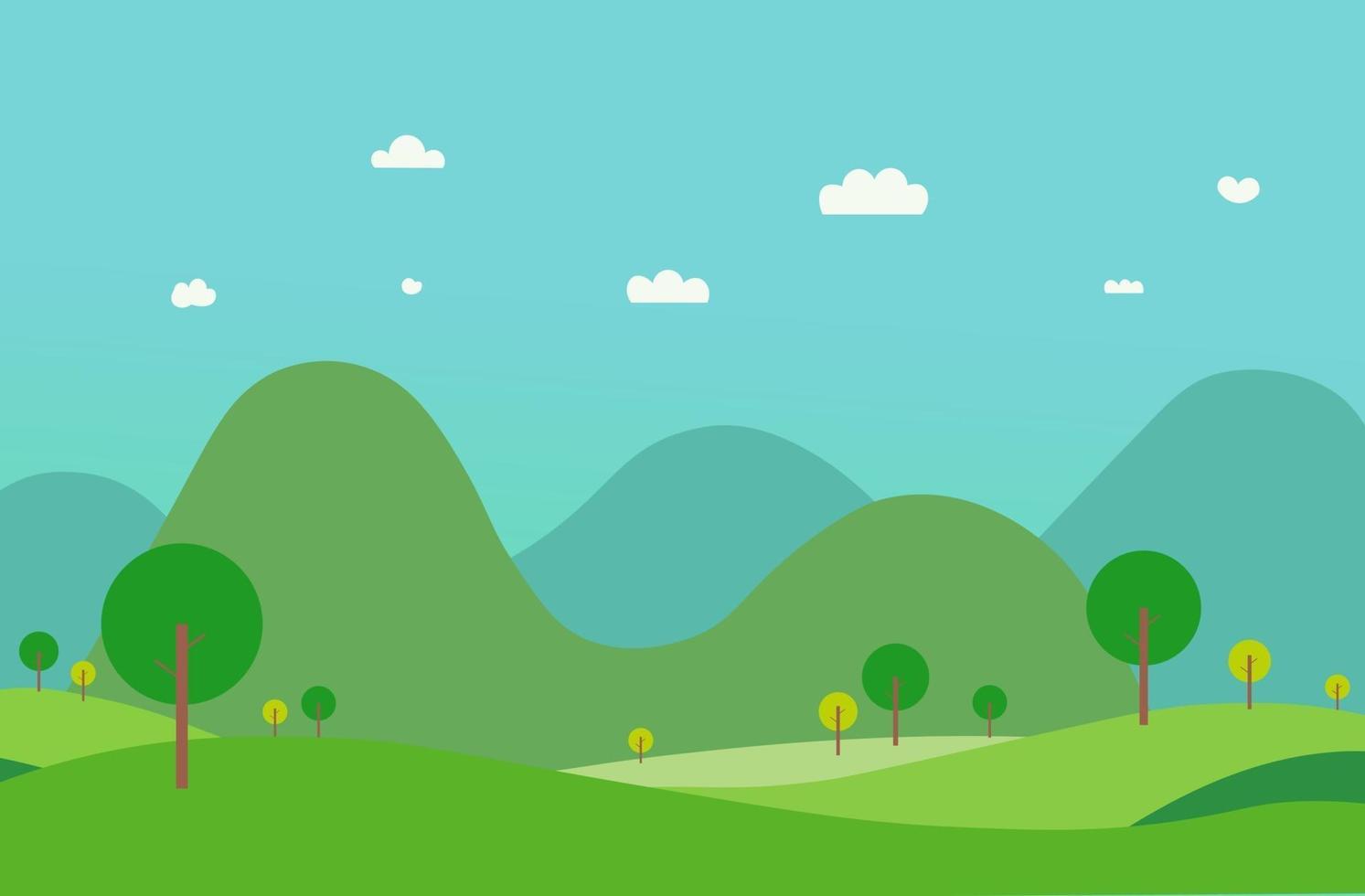 Nature green hills landscape with mountain.Vector illustration.Rural scene flat design.Spring garden with sky background vector