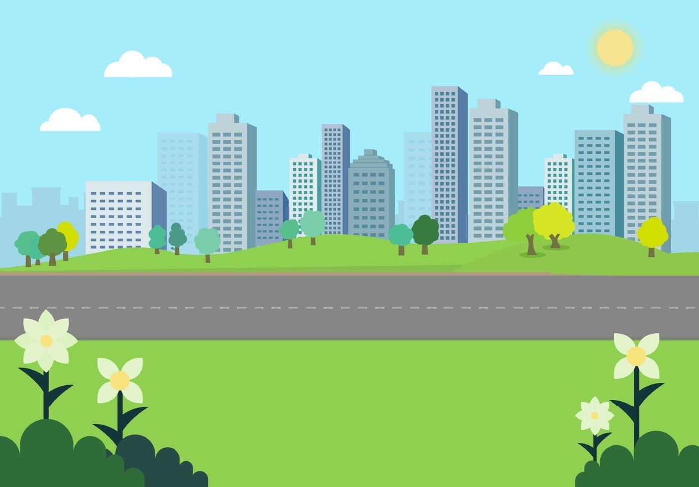 paisaje del parque natural con la ciudad background.natural escena con pathway.road con el edificio y el cielo background.city scape con la naturaleza view.vector ilustración vector