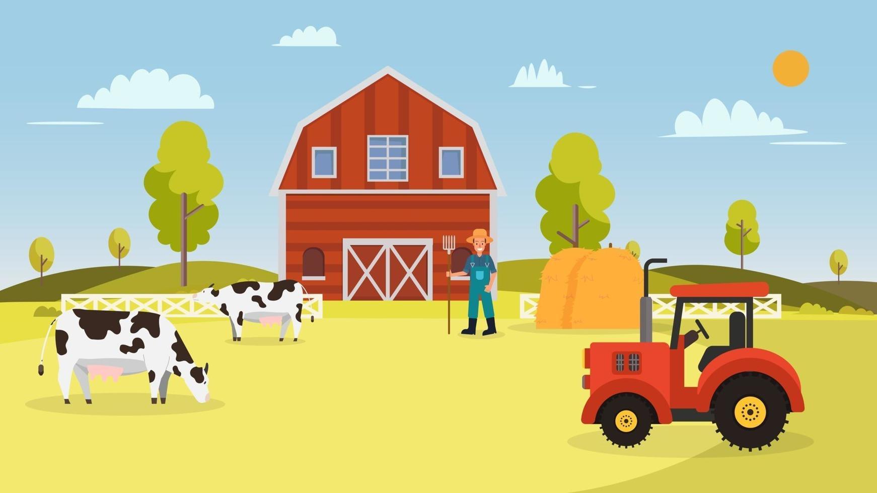 Farm with cows ,tractor, barn , farmer and hays.Landscape with farm vector illustration.Nature farm in summer