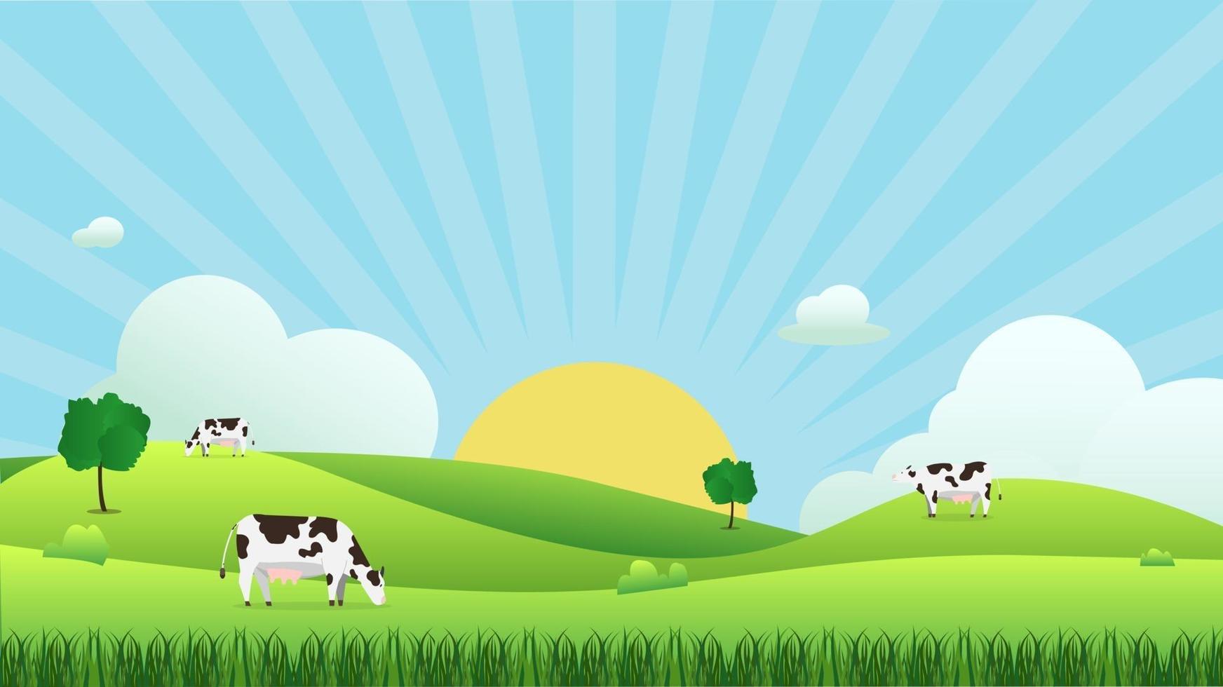 Prado paisaje con vaca comiendo hierba, ilustración vectorial.Campo verde y cielo azul y sol brillan con fondo de nube blanca.Escena de la hermosa naturaleza con amanecer.Cova con escena natural. vector