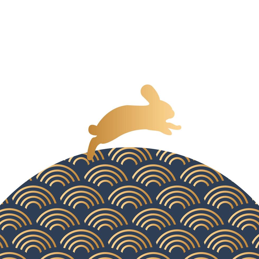 mid autumn festival with waves in circular frame and rabbit vector