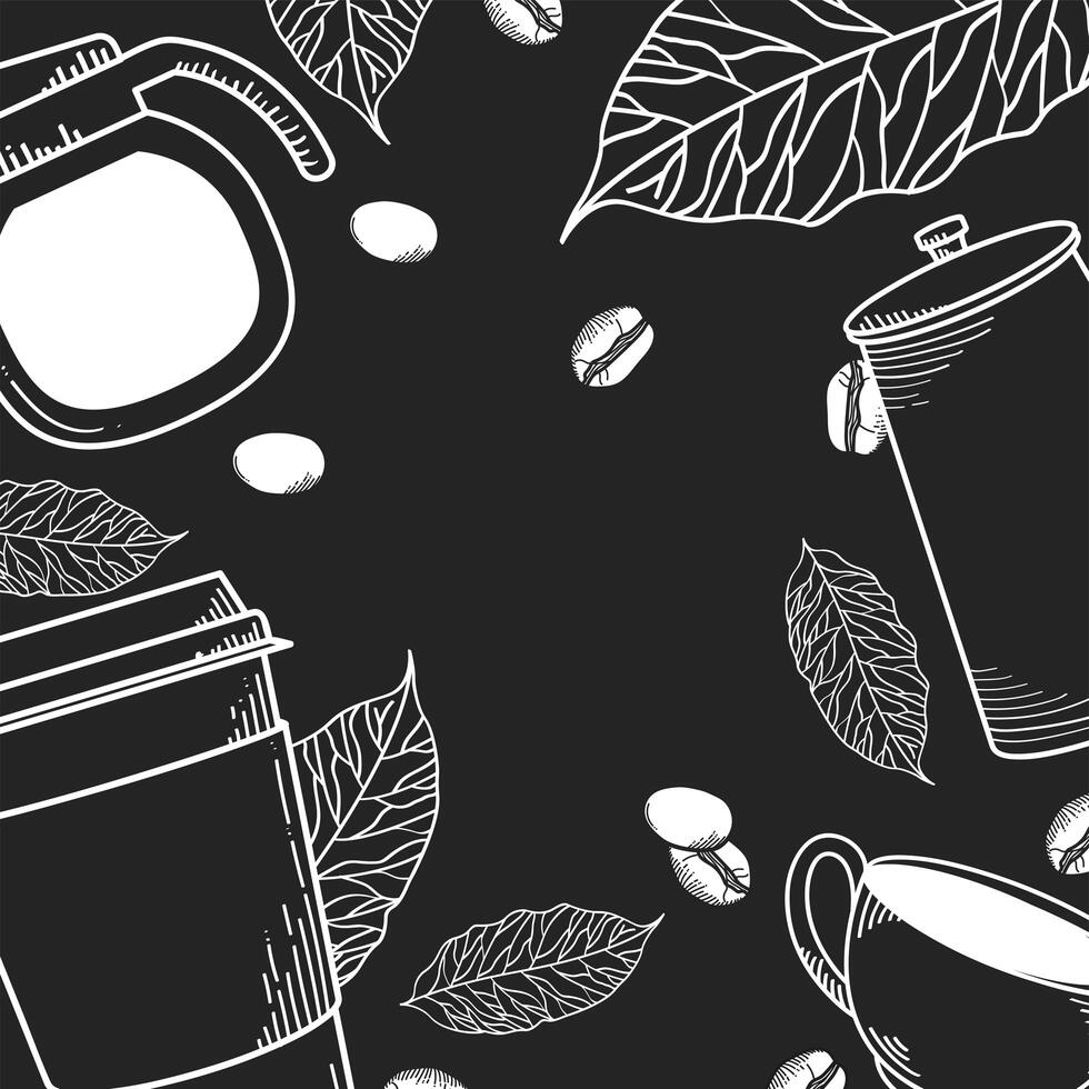 coffee pot mug cup leaves and beans background vector design
