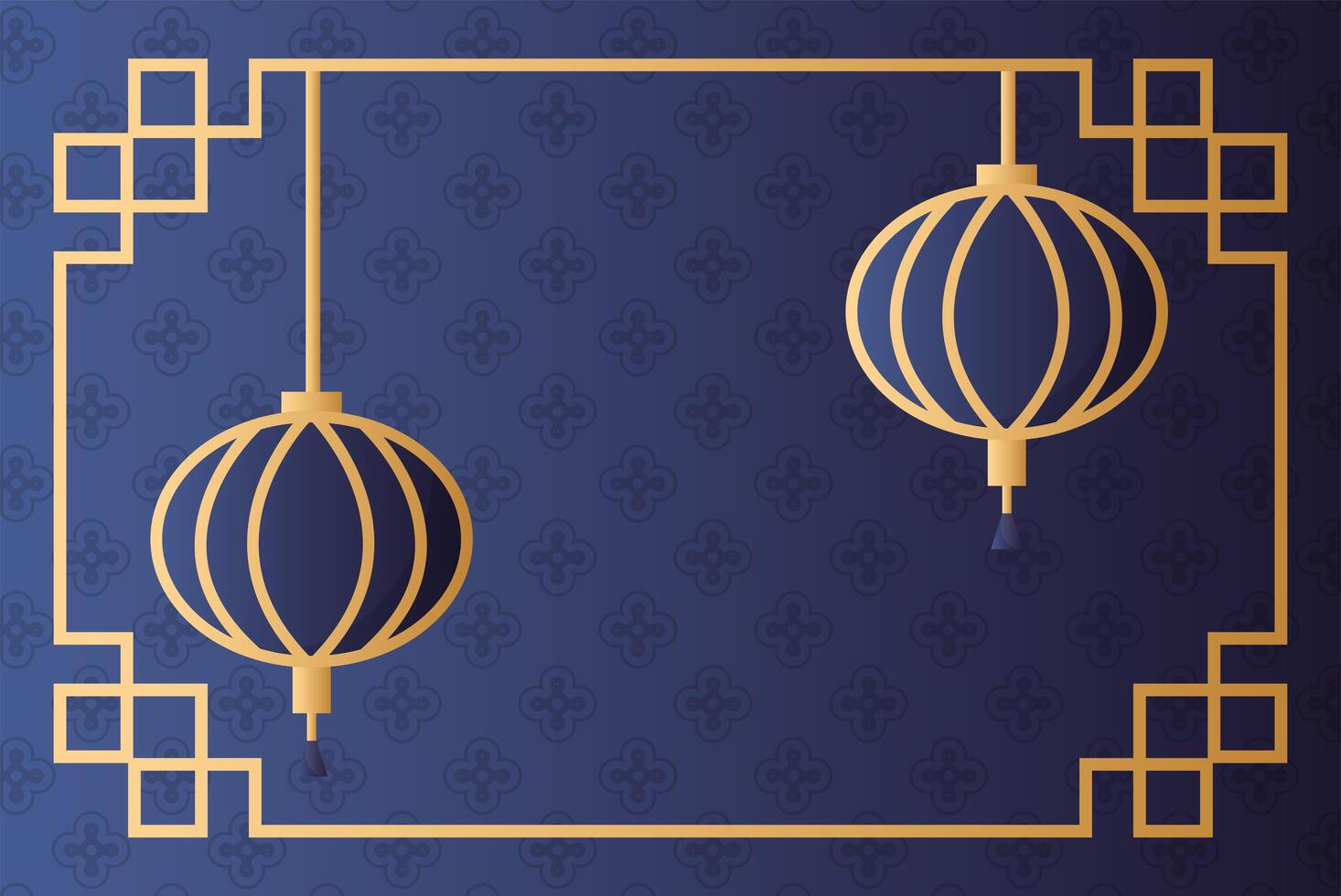 mid autumn festival with lamp hanging in golden frame vector