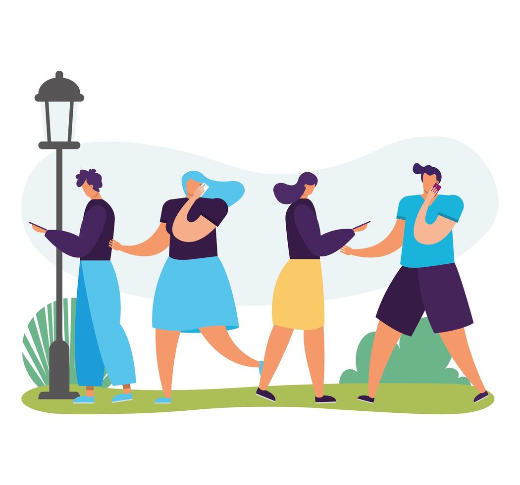 young people walking using smartphone characters vector