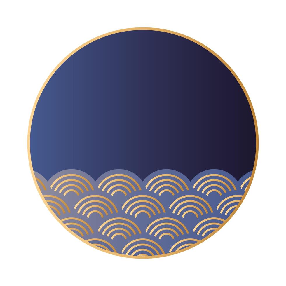 mid autumn festival with golden waves in circular frame vector