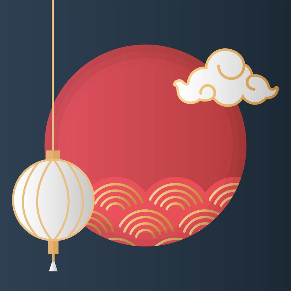 mid autumn festival with waves in circular frame and lanterns vector