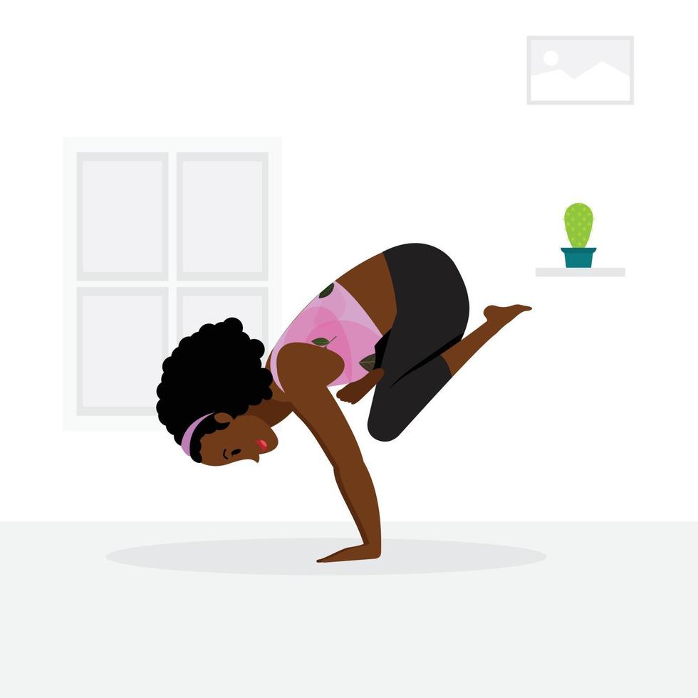 Young Black lady practicing arms balance yoga pose, young lady practicing a crane yoga pose, a young woman in lavender gym outfit practicing yoga at home. vector